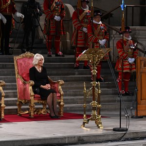 King Charles and the Queen Consort and the Speaker of the House of Commons in Westminster Hall