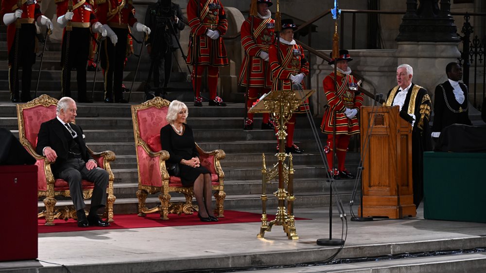 King Charles and the Queen Consort and the Speaker of the House of Commons in Westminster Hall