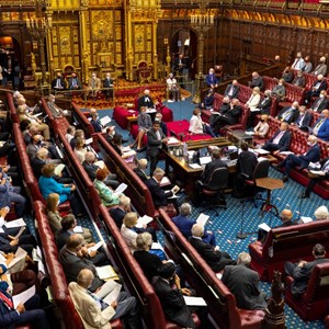 House of Lords chamber with members sat on the red benches during business