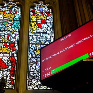 The annunciator in the House of Lords chamber displaying details of the Holocaust Memorial Day debate