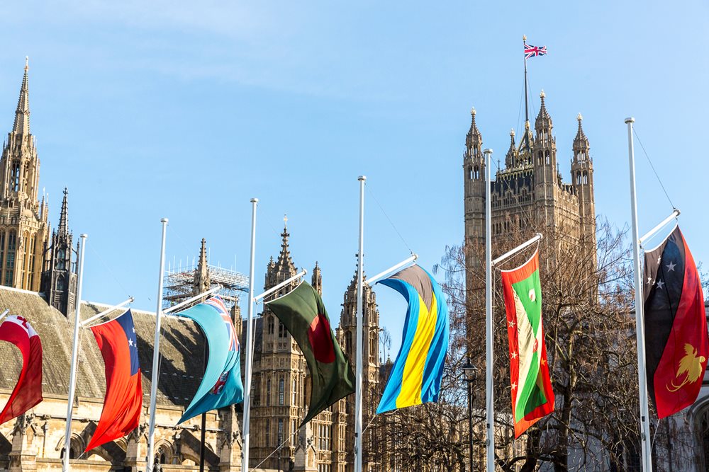 Commonwealth flags outside the houses of Parliament