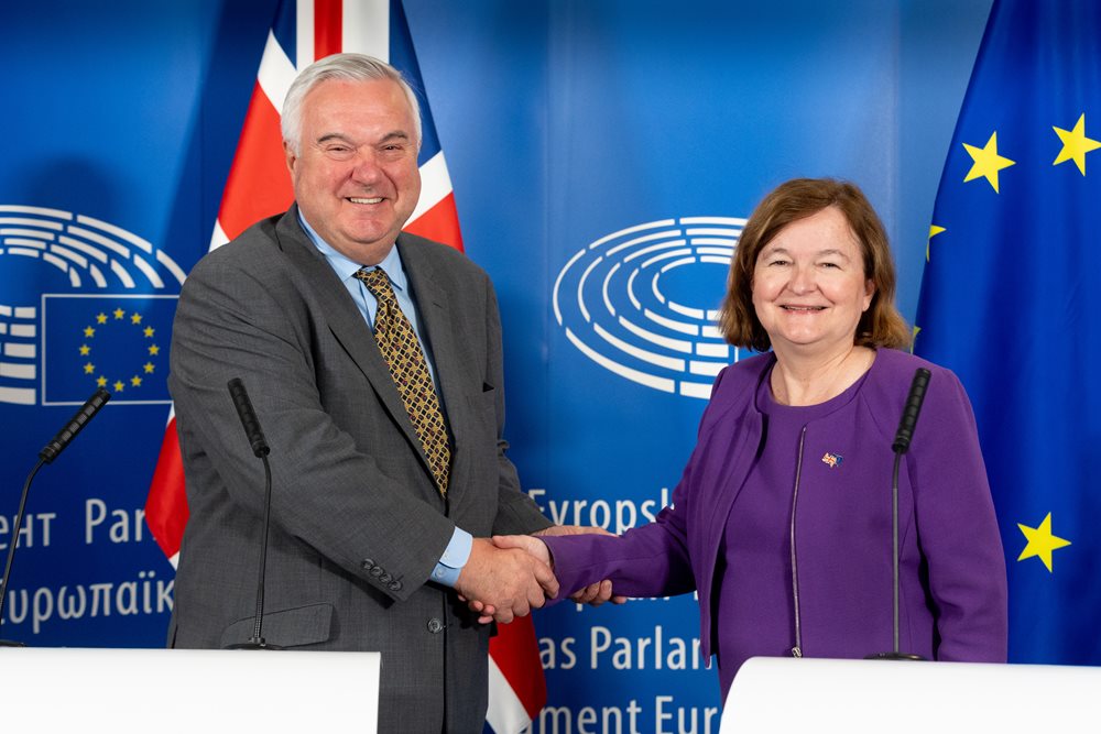 Co-Chairs of the PPA shaking hands in front of UK and EU flags