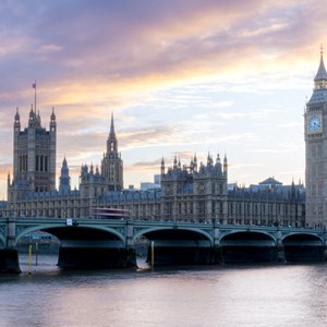 Palace of Westminster with Wesminster Bridge at sunset