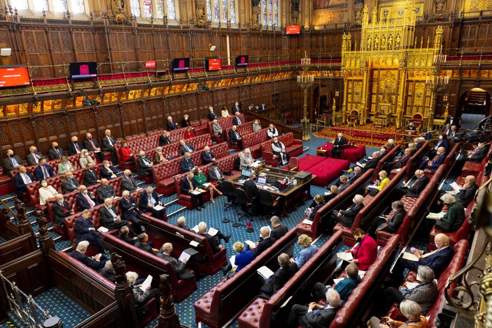 The House of Lords chamber from above with members sat on the red benches