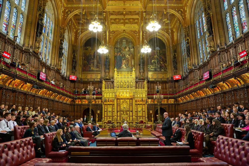 The House of Lords chamber filled with young people taking part in the 2019 chamber event.