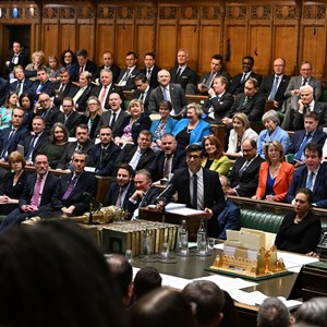 Prime Minister Rishi Sunak adressing MPs in the House of Commons chamber