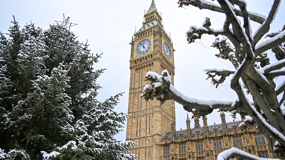 Elizabeth Tower with a snow covered tree and Christmas tree in the foreground of the picture