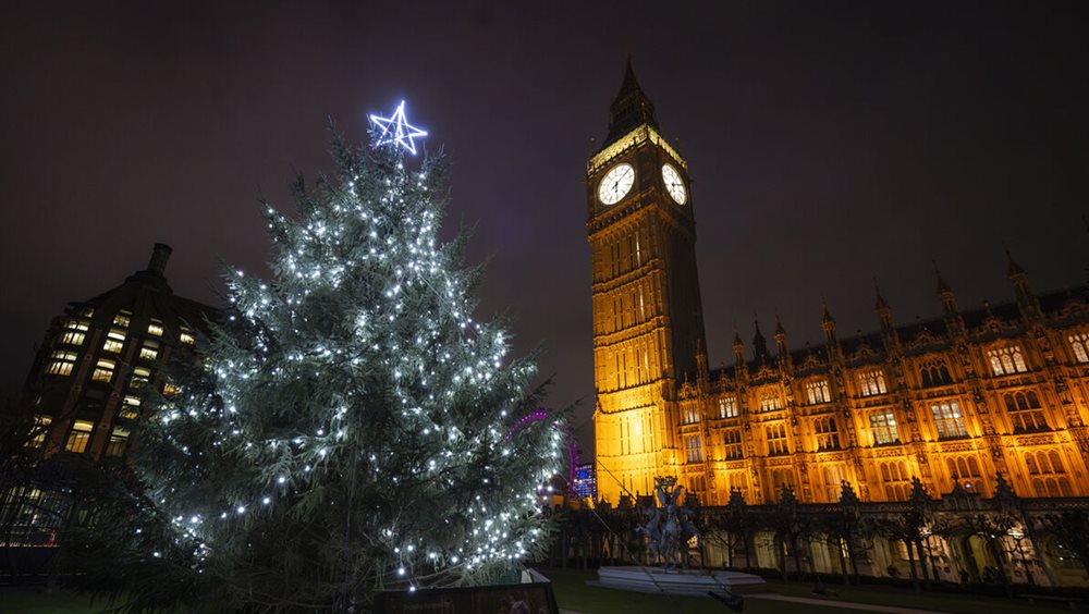 A brightly lit Christmas tree at night with the Elizabeth Tower lit in the background