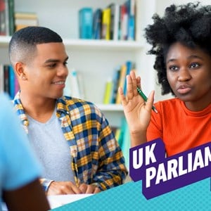 Yound adults talking around a table and text: UK Parliament Week