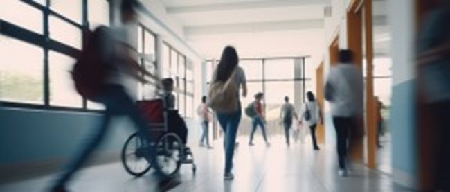 School corridor in which students are walking and one is in a wheelchair