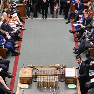 The House of Commons Chamber from above with MPs seated on the benches and PM Rishi Sunak at the dispatch box