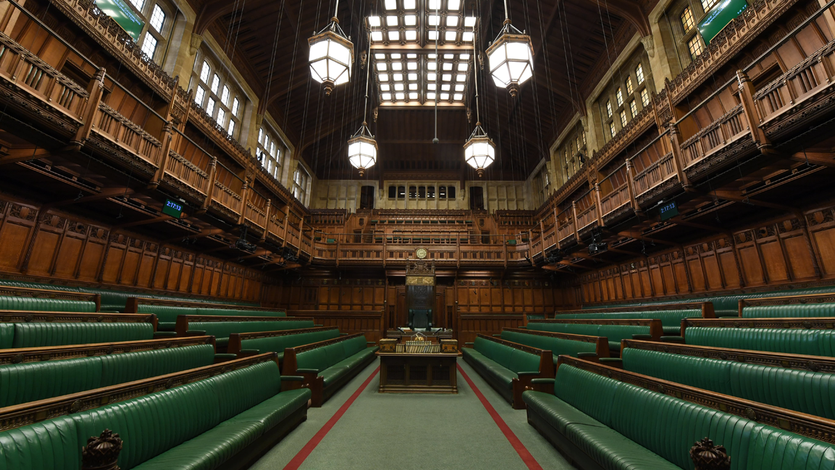 Empty House of Commons Chamber looking towards the Speaker's chair